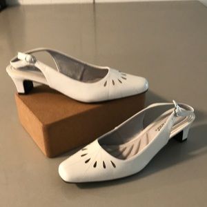Easy Street White Silver Slingback Heels with Kitten Heel